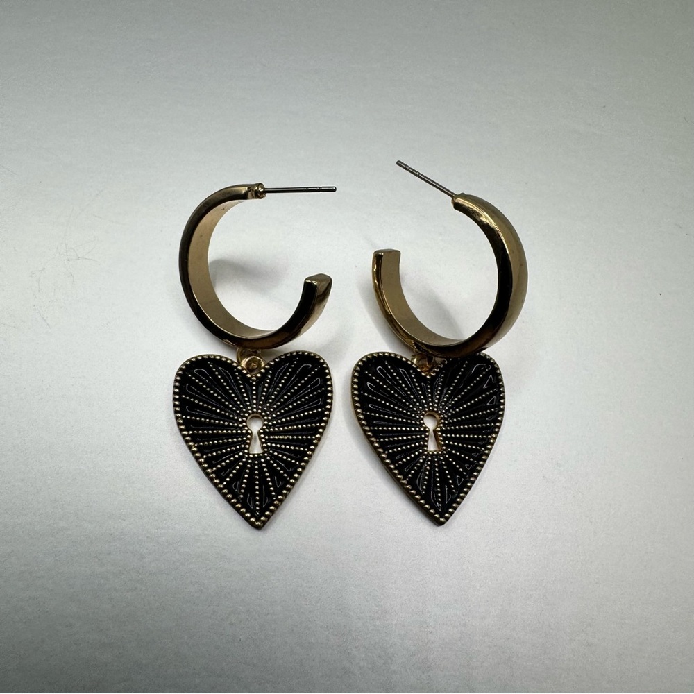Gold Heart Keyhole Hoop Drop Earrings